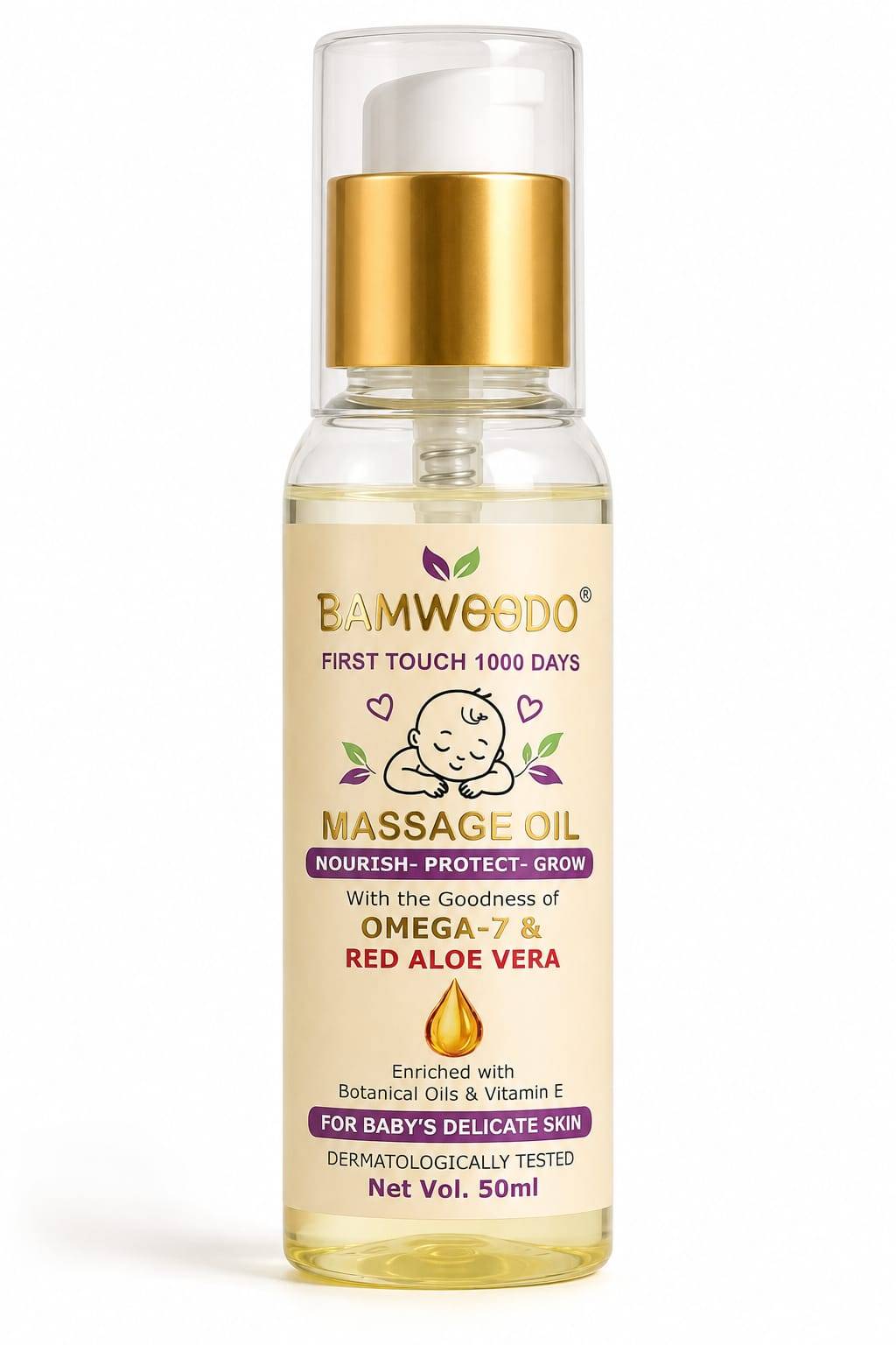 BAMWOODO First Touch 1000 Days Baby Massage Oil | Omega-7 & Red Aloe Vera